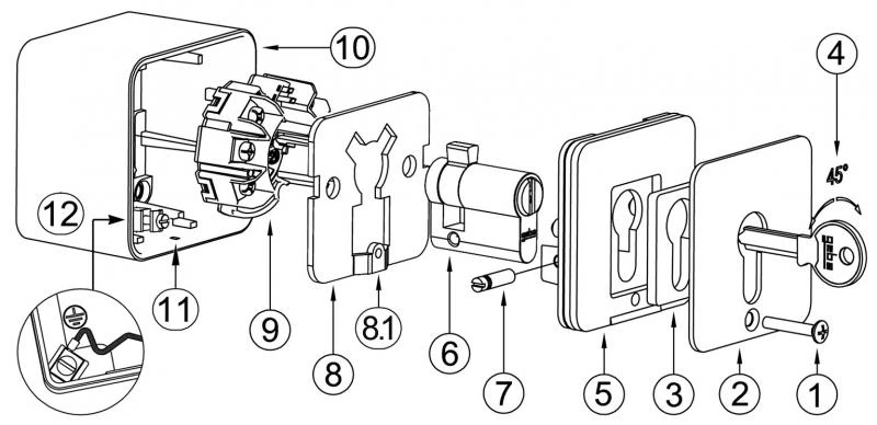WTS - Standard - Schlüssel-Schalter AB = Tastend / AUF = Rastend, AP ,Wassergeschützt - Schutzart IP 54