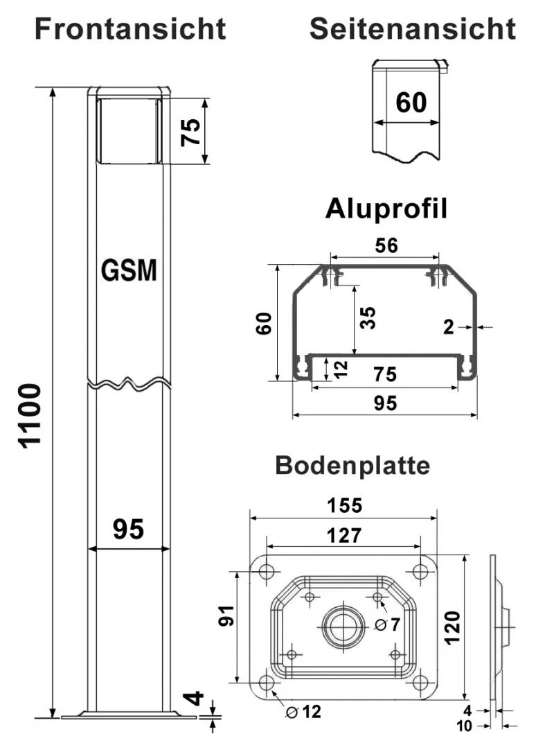 WTS - Alu-Standsäulen mit Universal Schlüssel-Taster / Schalter mit Multifunktions-Schalteinsatz (ES), (Taster voreingestellt).