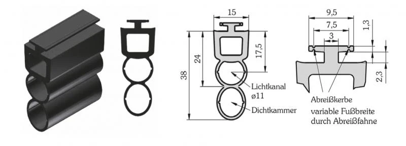 WTS - Gummiprofil für Opto-Sensoren, mit Dichtkammer, für 55/77mm Rollladen-/Rolltorprofile, mit T-Nut 9,5/7,5mm