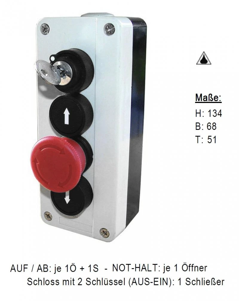 WTS - Dreifach-NOT-HALT-Drucktaster mit Schloss AUF / NOT-HALT / AB, Wassergeschützt - Schutzart IP 65