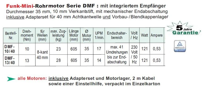 WTS - Funk Mini Rohrmotoren Serie DMF, 433,92 MHz mit mechanischer Endabschaltung für Rollläden und Markisen