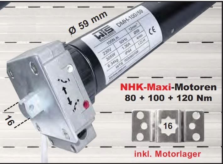 WTS - NHK-Maxi-Rohrmotoren Serie DMH-59 mit Nothandbedienung durch Kurbelstange  Ø 59 mm