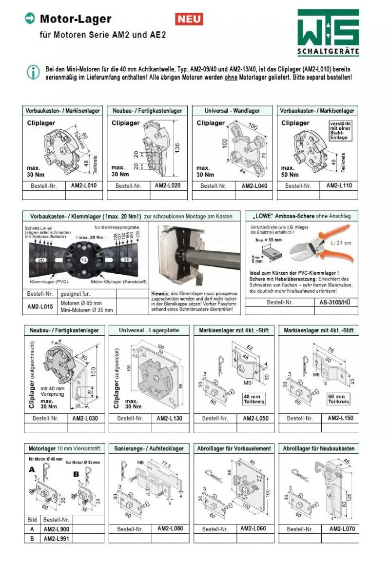 WTS - Vorbaukasten - Markisenlager AM2-L010 für Rohrantriebe AM2 und AE2  Serie Max 30Nm