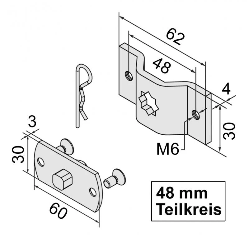 WTS - Markisenlager mit 4kt. -Stift AM2-L050 mit 48mm Teilkreis für AM2 und AE2 Rohrantriebe Max 50Nm