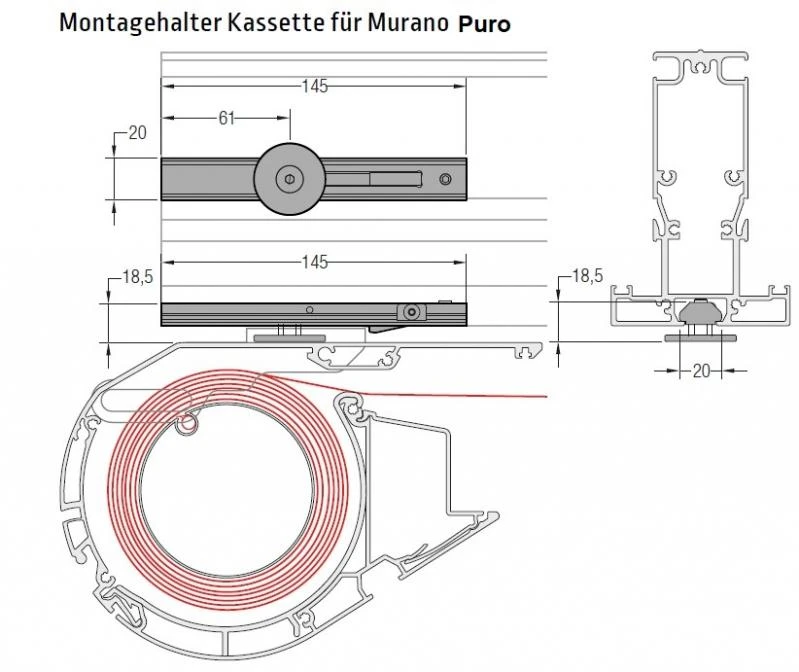 Montagehalter Kassette für Murano Puro - für Lewens Portofino Unterglasmarkise