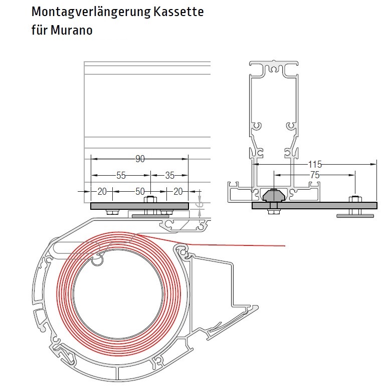 Montageverlängerung  Kassette an  Murano - für Lewens Portofino Unterglasmarkise