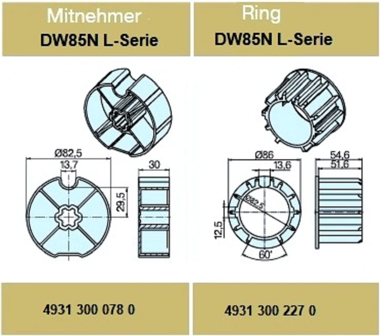 Adapterset für Nutwelle DW85N für Rohrmotoren Becker Baureihe L Serie 