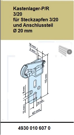 Kastenlager-P/R 3/20 für Steckzapfen 3/20 und Anschlussteil Ø 20 mm für Becker Rohrantriebe P und R Serie