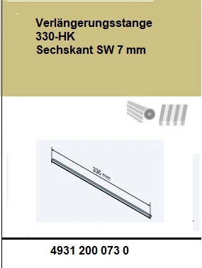 Verlängerungsstange 330-HK Sechskant SW 7 mm  Länge 330mm für Rohrantriebe mit Handkurbelanschluss
