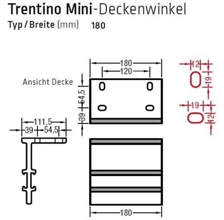 Deckenwinkel für Lewens Trentino Mini  Gelenkarmmarkise für Deckenmontage, 90mm und 180m Breite