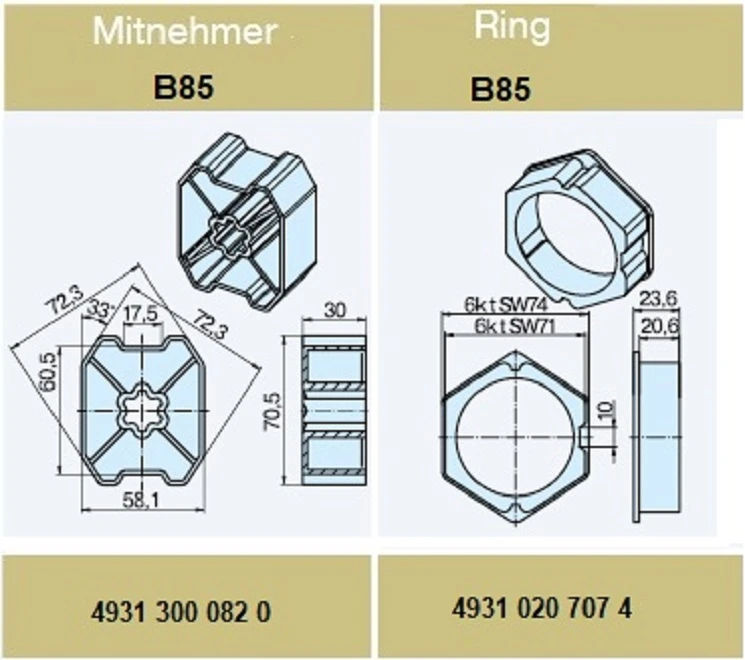 Adapter-Set  B85 für Sechskantwelle für Rohrmotore Becker Baureihe L
