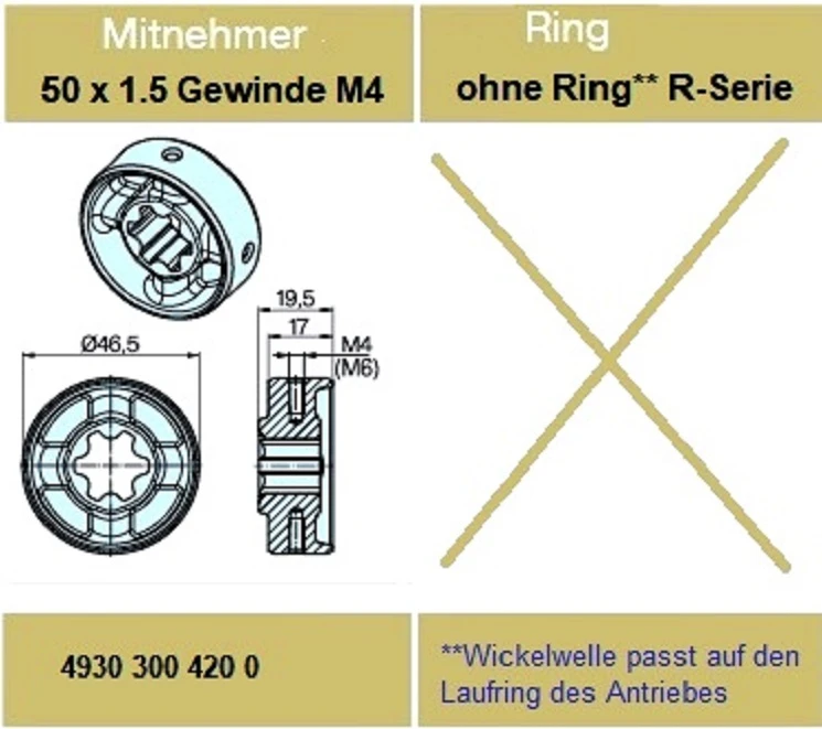 Adapter für Rundrohr Mitnehmer 50 x 1.5 Gewinde M4,   für Rohrmotore Becker Baureihe P und R Serie