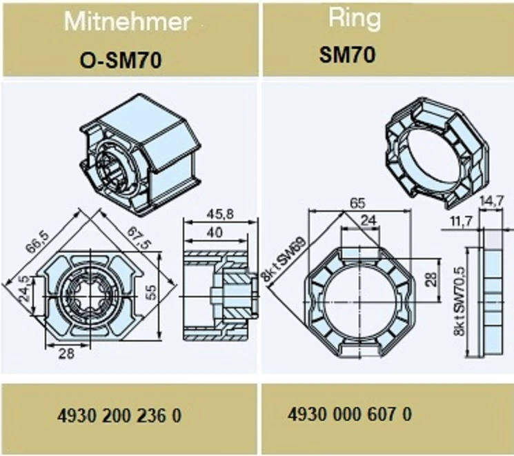 Adapterset für Achtkatwelle O-SM70 für Rohrmotoren Becker Baureihe P und R Serie mit Hinderniserkennung