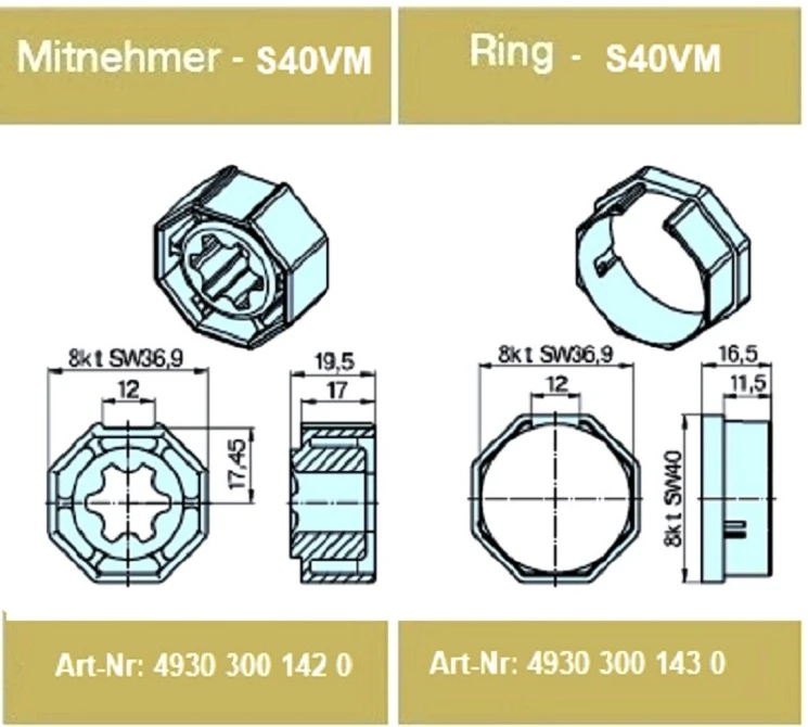 Adapterset für Achtkatwelle S40VM ,für Becker Rohrmotoren der Baureihe P Serie