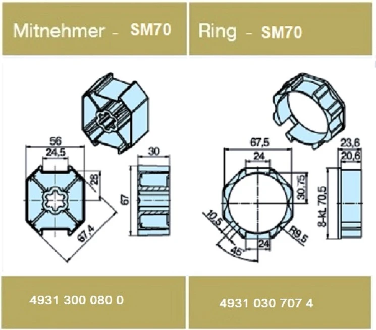 Adapterset für Achtkatwelle SM70  ,für Rohrmotoren Becker Baureihe L Serie