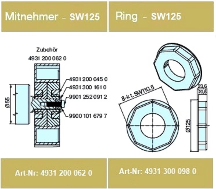 Adapterset für Achtkatwelle SW 125 ,für Rohrmotoren Becker Baureihe L Serie