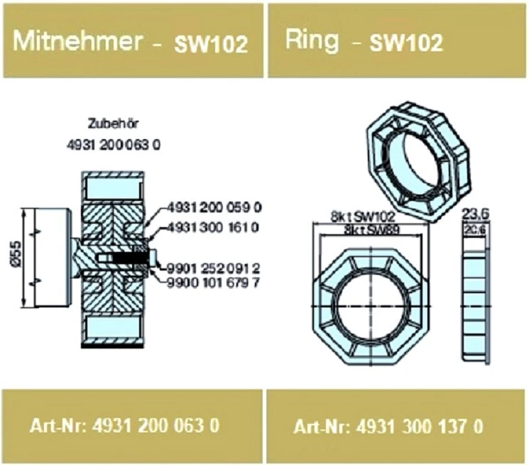 Adapterset für Achtkatwelle SW102 ,für Rohrmotoren Becker Baureihe L Serie