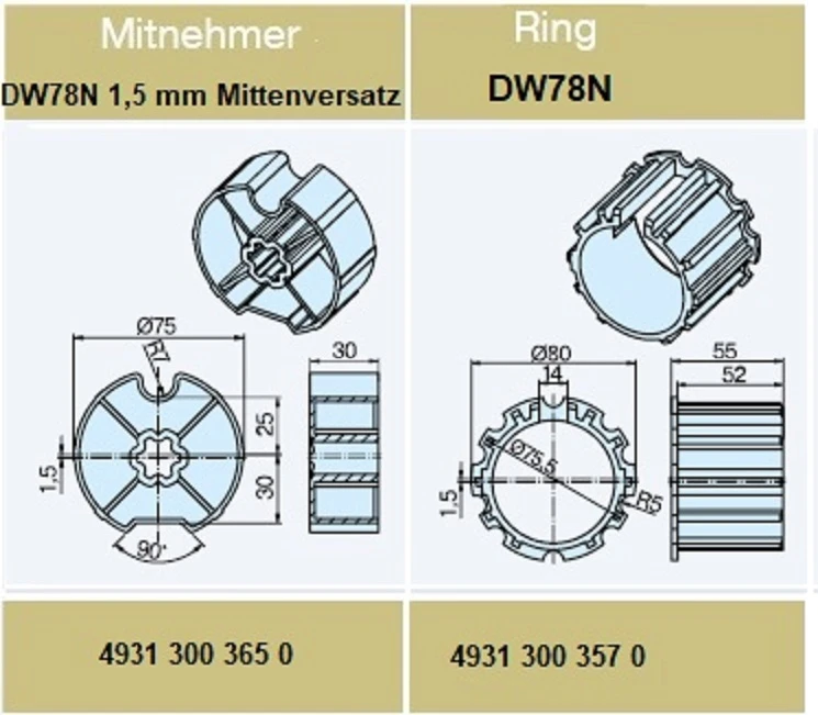 Adapterset für Nutwelle DW78N 1,5mm Mittelversatz , für Rohrmotore Becker Baureihe L