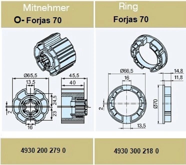 Adapterset für Nutwelle O- Forjas 70,für Rohrmotoren Becker Baureihe R mit Hinderniserkennung