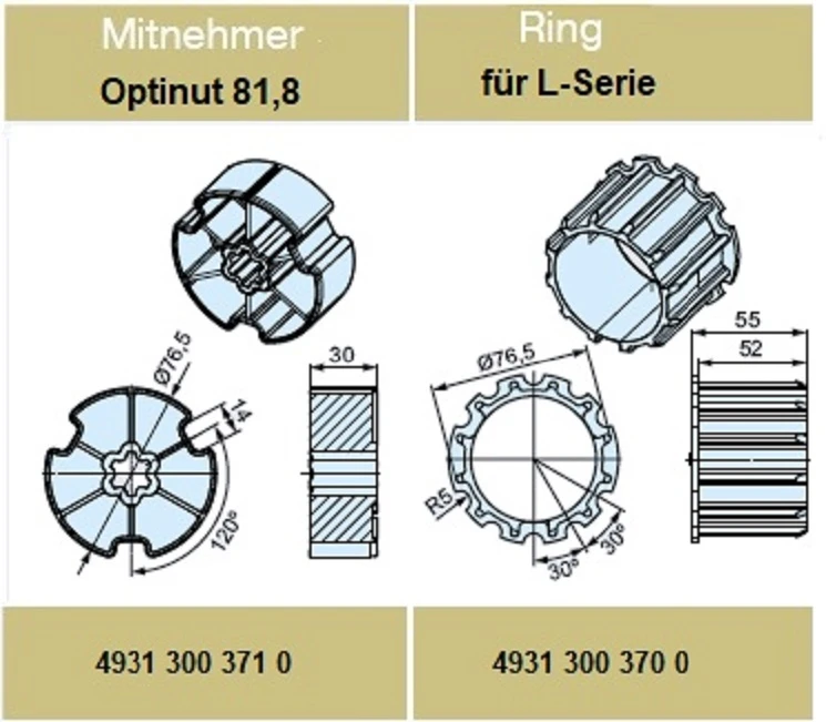 Adapterset für Nutwelle Optinut 81,8 für Rohrmotoren Becker Baureihe L Serie