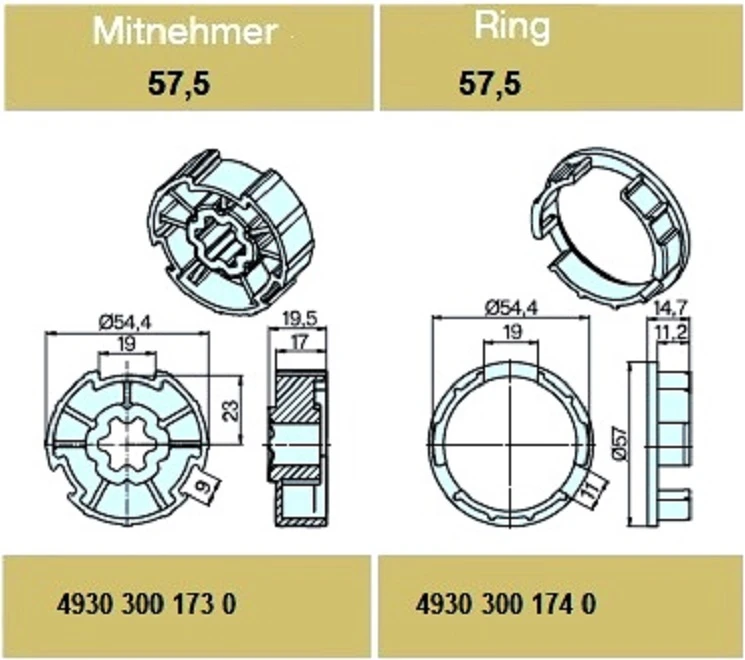 Adapterset für Nutwelle 57,5 für Rohrmotoren Becker Baureihe P und R Serie