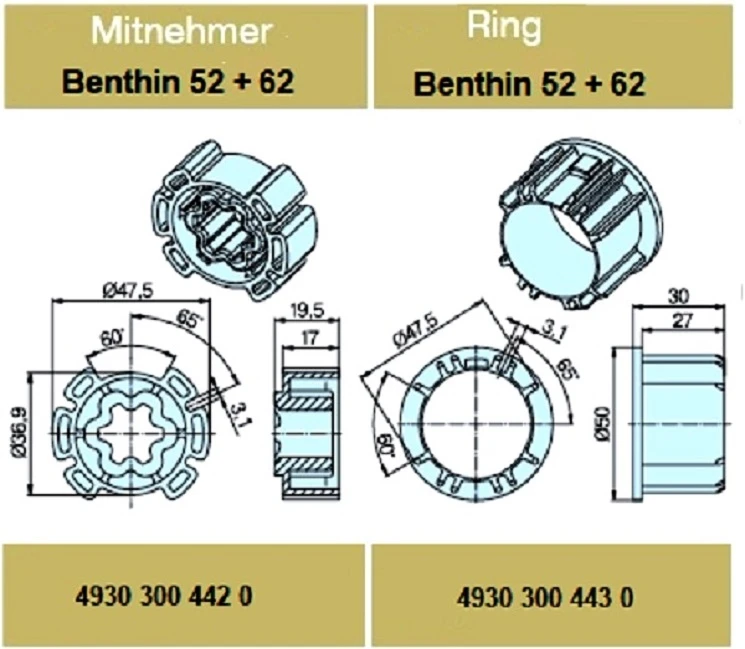 Adapterset für Profilwelle Benthin 52 + 62 , für Rohrmotoren Becker Baureihe P Serie