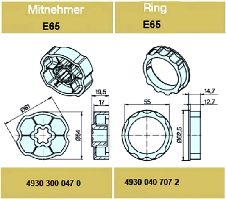 Adapterset für Profilwelle E65,für Rohrmotoren Becker Baureihe P und R Serie