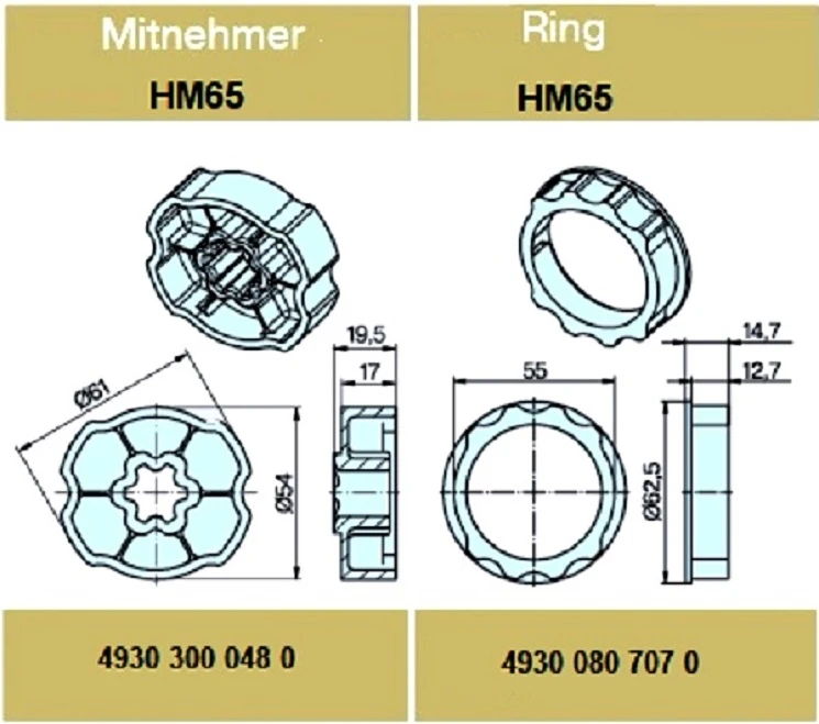 Adapterset für Profilwelle HM65, für Rohrmotoren Becker Baureihe P und  R Serie