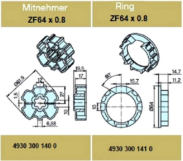 Adapterset für Profilwelle ZF64x0,8 ,für Rohrmotoren Becker Baureihe P und R Serie