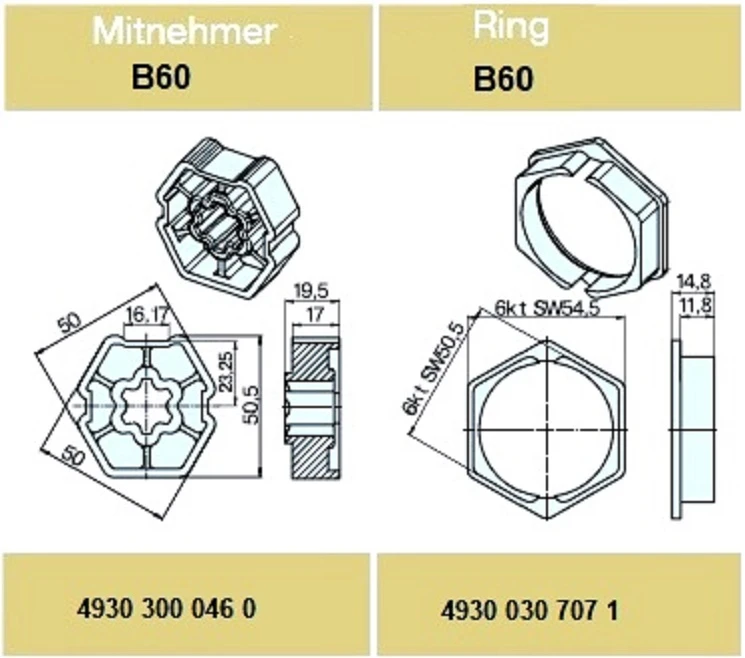Adapterset B60 für Sechskantwelle,für Rohrmotoren Becker Baureihe P und R Serie