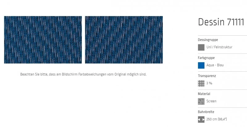 Markisentuch Screen-Gewebe, Aqua - Blau, Transparenz 3 Prozent, Stoff-Nr. 71111