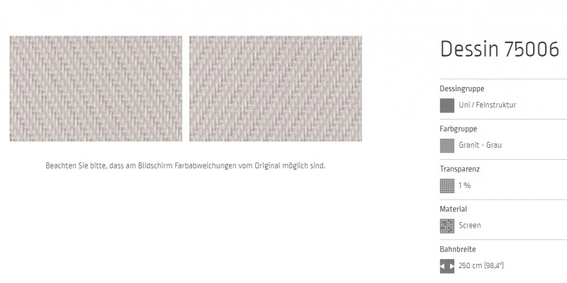 Markisentuch Screen-Gewebe, Granit - Grau, Transparenz 1 Prozent, Stoff-Nr. 75006