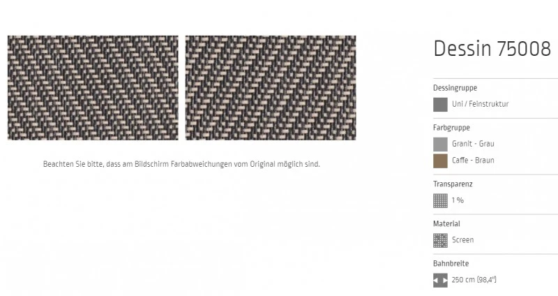 Markisentuch Screen-Gewebe, Granit - Grau und Caffe - Braun ,Transparenz 1 Prozent, Stoff-Nr. 75008