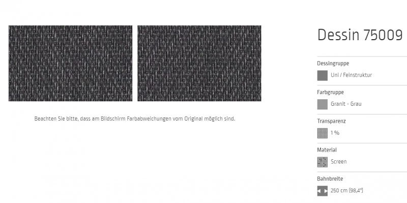 Markisentuch Screen-Gewebe, Granit - Grau, Transparenz 1 Prozent, Stoff-Nr. 75009
