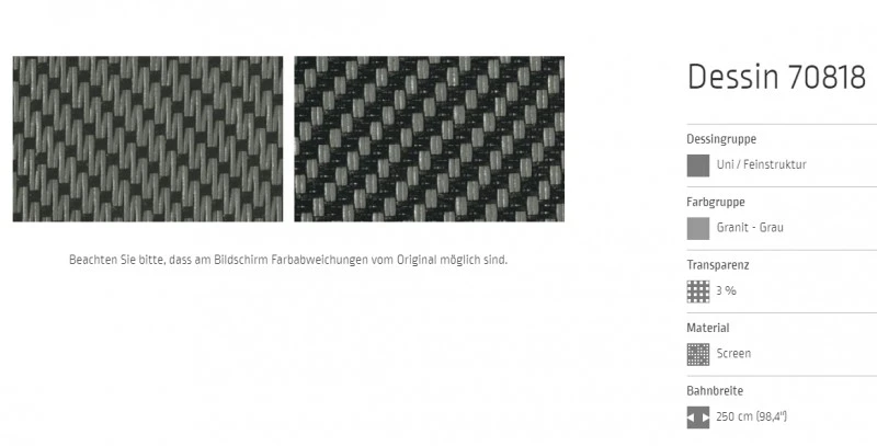 Markisentuch Screen-Gewebe, Granit - Grau, Transparenz 3 Prozent, Stoff-Nr. 70818
