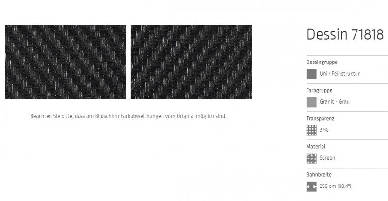 Markisentuch Screen-Gewebe, Granit - Grau, Transparenz 3 Prozent, Stoff-Nr. 71818