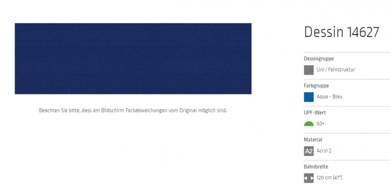 Markisentuch Uni - Feinstruktur, Aqua - Blau UPF 50+, Acryl 2, Stoff-Nr. 14627