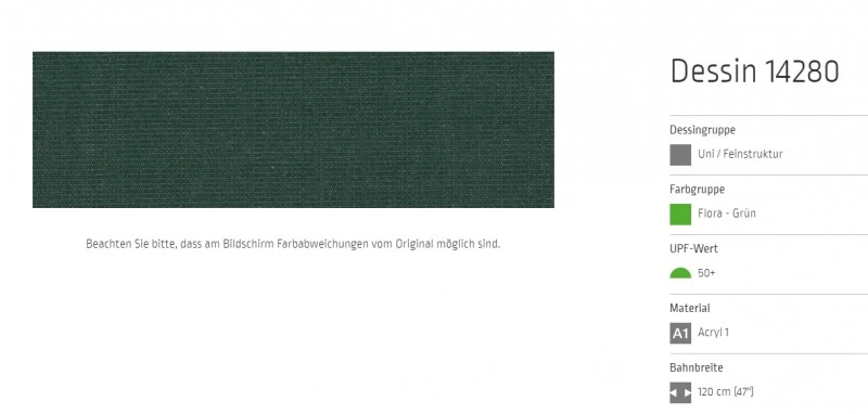 Markisentuch Uni - Feinstruktur, Flora - Grün UPF 50+, Acryl 1, Stoff-Nr. 14280