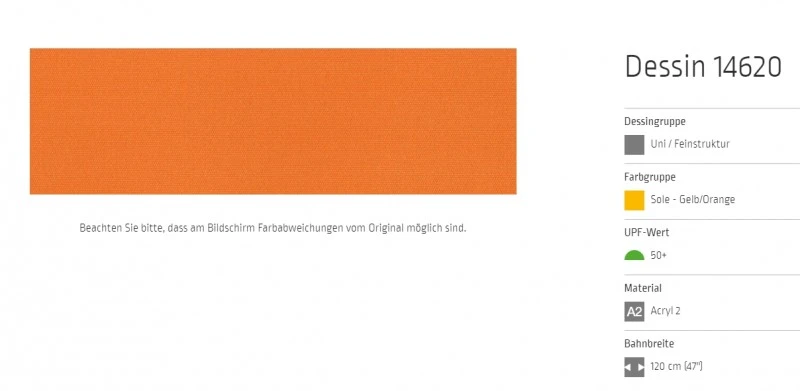 Markisentuch Uni - Feinstruktur, Soul - Gelb Orange UPF 50+, Acryl 2, Stoff-Nr. 14620
