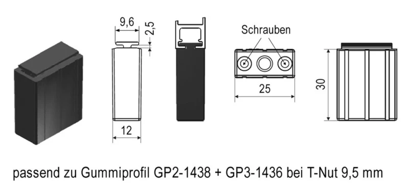 WTS - Auflaufstopper, 25x12x30 mm, mit T-Nut 9,6 mm, inklusive 2 Schrauben passend zu Gummiprofil GP 2 und GP 3